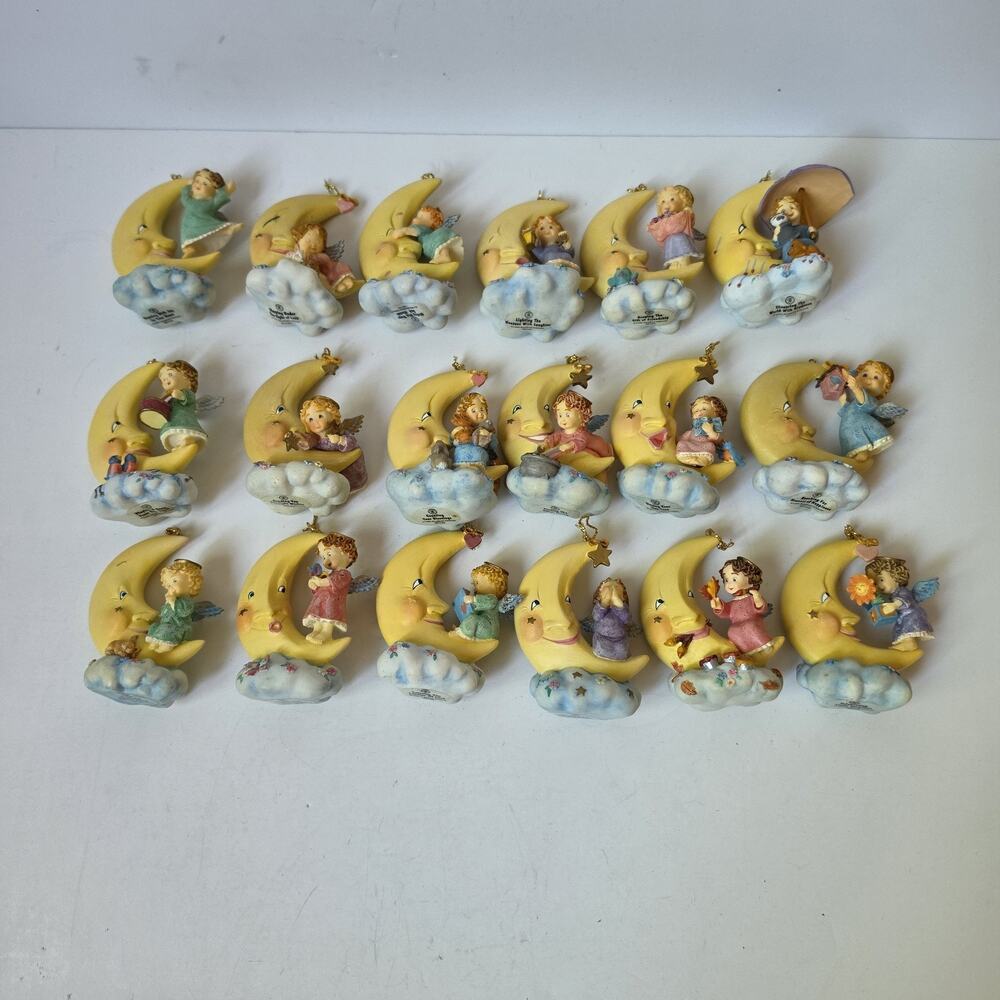 Heaven's Little Helpers Hanging Moon Angel Ornaments Porcelain Lot Of 18 Vintage